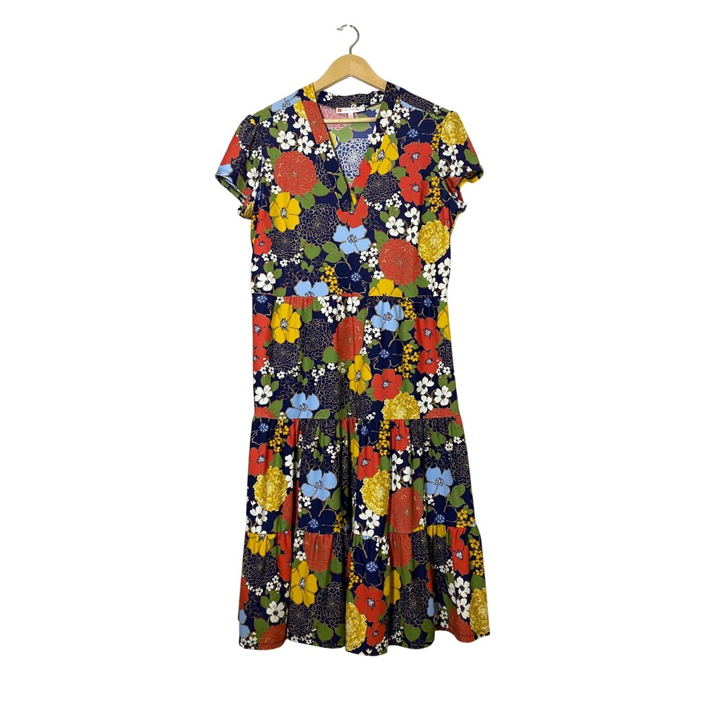 Jude Connally Libby Dress Womens Floral Tiered Midi Short Sleeve V-Neck LARGE